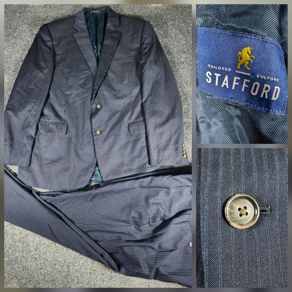 Stafford Travel Stretch 2 Piece Suit Wool Blue Stripe‎ Men's 46L Pants 40x31